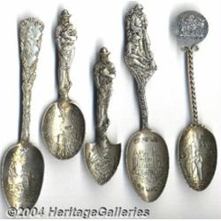 FIVE SILVER MINING SOUVENIR SPOONS