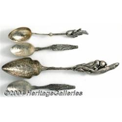A GROUP OF FIVE SILVER WILDLIFE SOUVENIR SPOONS