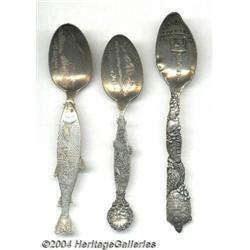 A GROUP OF THREE SILVER MARINE LIFE SOUVENIR SPOONS