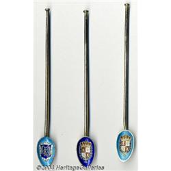 THREE SILVER AND ENAMEL SOUVENIR ICED TEA SPOONS