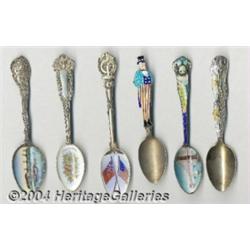GROUP OF SIX SILVER AND ENAMEL SOUVENIR SPOONS