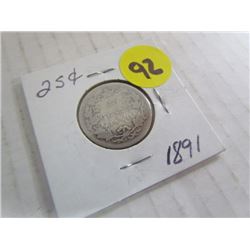 1891 Rare Canada Queen Victoria 25cent Piece