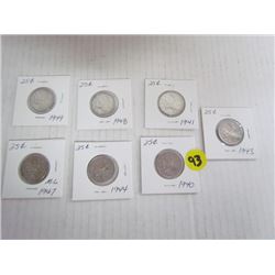 1940/41/43/44/47/48/49 Canada 25cent- 7 pieces