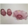 Image 1 : Dusty Pink Depression Glass Lot-2 Covered Candle Holders + Fluted Bowl