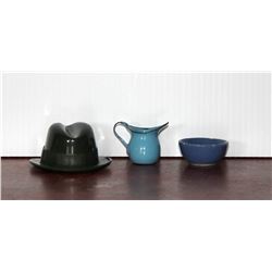 Salesman Samples, Green hat, Blue Pottery Bowl and Blue Enamel Pitcher