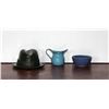 Image 1 : Salesman Samples, Green hat, Blue Pottery Bowl and Blue Enamel Pitcher