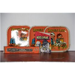 Vintage Tin Toy Raggety Ann Plates, Kojak Bubble Gum and Licorice Stick