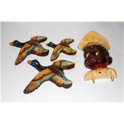 Vintage Chalkware, Set of 3 Mallard Ducks and Black Mamie