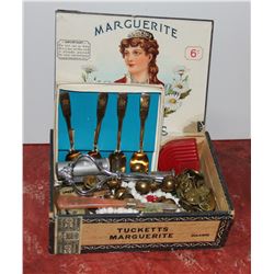 Cigar Box with various Buttons, Glass Beads, Spoons, etc