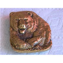BELT BUCKLE - BEAR IMAGE WITH FISH - BRASS - 2 3/4" TALL X  2 3/8" WIDE