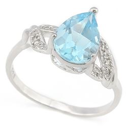 RING - 3 1/2 CARAT BABY SWISS BLUE TOPAZ & 2 DIAMONDS IN 925 STERLING SILVER SETTING - SZ 8 - RETAIL