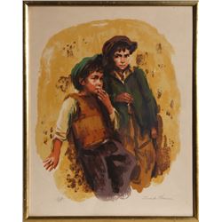 Sandu Liberman, Two Boys Smoking, Lithograph