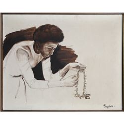 T. Campbell, Woman Fixing Necklace, Oil Painting