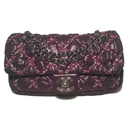 Chanel Plum Purple Quilted Puffy Nylon Classic Flap Shoulder Bag