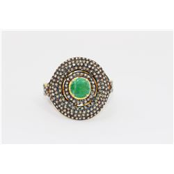 9.58gm Gold Plated / Silver / Emerald Round / Diamond Ring