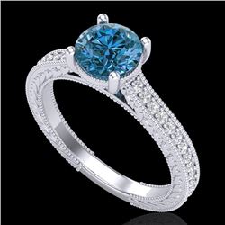 1.45 CTW Fancy Intense Blue Diamond Solitaire Art Deco Ring 18K White Gold - REF-209H3A - 37754