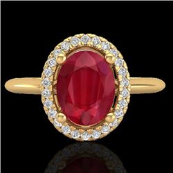 2 CTW Ruby & Micro Pave VS/SI Diamond Ring Solitaire Halo 18K Yellow Gold - REF-56M9H - 21019