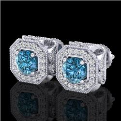 2.75 CTW Fancy Intense Blue Diamond Art Deco Stud Earrings 18K White Gold - REF-290N9Y - 38286