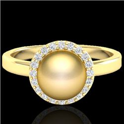 0.25 CTW Micro Pave Halo VS/SI Diamond & Golden Pearl Ring 18K Yellow Gold - REF-53M6H - 21632