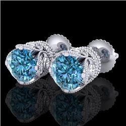 3 CTW Fancy Intense Blue Diamond Solitaire Art Deco Earrings 18K White Gold - REF-349X3T - 37418