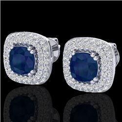 2.16 CTW Sapphire & Micro VS/SI Diamond Earrings Double Halo 18K White Gold - REF-105X6T - 20348