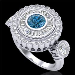 2.62 CTW Intense Blue Diamond Solitaire Art Deco 3 Stone Ring 18K White Gold - REF-290F9N - 37922