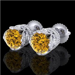 3 CTW Intense Fancy Yellow Diamond Art Deco Stud Earrings 18K White Gold - REF-349N3Y - 37420