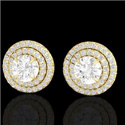 2 CTW Micro Pave VS/SI Diamond Stud Earrings Double Halo 18K Yellow Gold - REF-242K4W - 21471