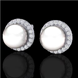 0.50 CTW Micro Pave Halo VS/SI Diamond & Pearl Earrings 18K White Gold - REF-61K5W - 21506