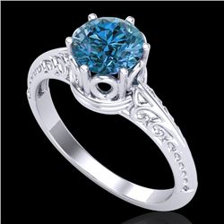 1 CTW Intense Blue Diamond Solitaire Engagement Art Deco Ring 18K White Gold - REF-180M2H - 38118
