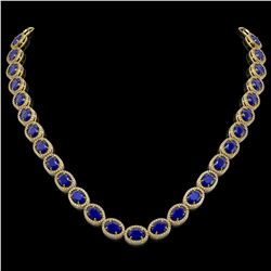 52.15 CTW Sapphire & Diamond Halo Necklace 10K Yellow Gold - REF-655W3F - 40561