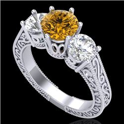 2.01 CTW Intense Fancy Yellow Diamond Art Deco 3 Stone Ring 18K White Gold - REF-343W6F - 37581