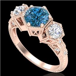 1.66 CTW Intense Blue Diamond Solitaire Art Deco 3 Stone Ring 18K Rose Gold - REF-254A5X - 38056