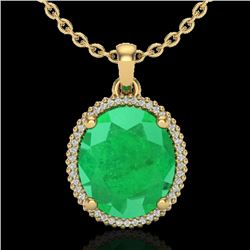 12 CTW Emerald & Micro Pave VS/SI Diamond Halo Necklace 18K Yellow Gold - REF-115W5F - 20610