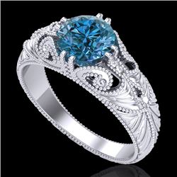 1 CTW Intense Blue Diamond Solitaire Engagement Art Deco Ring 18K White Gold - REF-190M9H - 37530