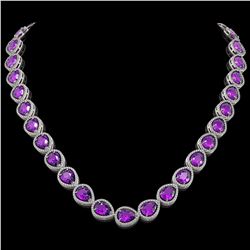 43.2 CTW Amethyst & Diamond Halo Necklace 10K White Gold - REF-603T3M - 41225