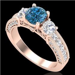 2.07 CTW Intense Blue Diamond Solitaire Art Deco 3 Stone Ring 18K Rose Gold - REF-254N5Y - 37783