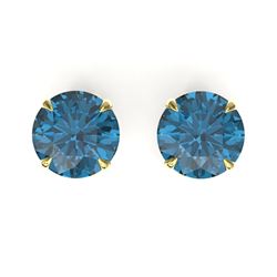 4 CTW London Blue Topaz Designer Solitaire Stud Earrings 18K Yellow Gold - REF-30H2A - 21830