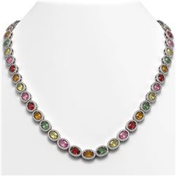 31.96 CTW Multi Color Sapphire & Diamond Halo Necklace 10K White Gold - REF-674W4F - 40448