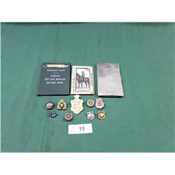 12 PCS POLICE BADGES, MILITARY BOOK, CIGARETTE CASE ETC