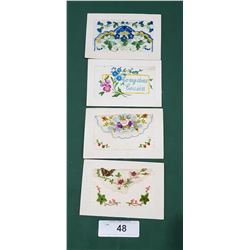 FOUR EARLY 1900'S SILK HAND EMBROIDERED POSTCARDS