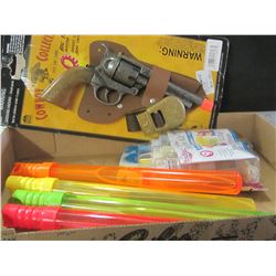 Flat of kids toys & crafts / big tex cap gun / 4 large bubble blowers / tie dye kit