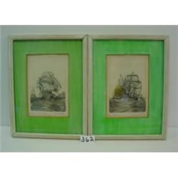 Pr Handcolored ETCHINGS of SHIPS Golden