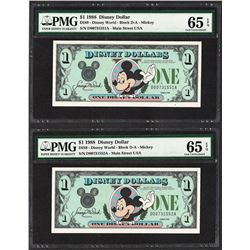 Lot of (2) Consecutive 1988 $1 Disney Dollars Notes PMG Gem Uncirculated 65EPQ