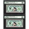 Image 1 : Lot of (2) Consecutive 1988 $1 Disney Dollars Notes PMG Gem Uncirculated 65EPQ