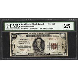 1929 $100 The Mechanics National Bank of Providence Note CH# 1007 PMG Very Fine