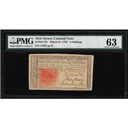 March 25, 1776 New Jersey 6 Shillings Colonial Note PMG Choice Uncirculated 63