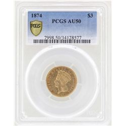 1874 $3 Indian Princess Head Gold Coin PCGS AU50