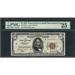 1929 $5 Federal Bank of Kansas City Note Fr.1850-J PMG Very Fine 25