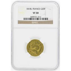 1818L France 20 Francs Gold Coin NGC VF30